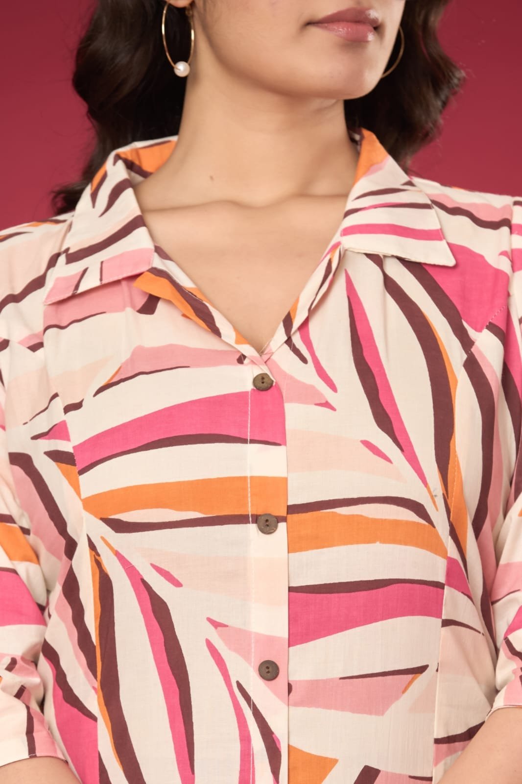 Abstract Leaf Printed Shirt Style Cotton Co-Ord Set with Side Pocket | The Kurti Shop view 2