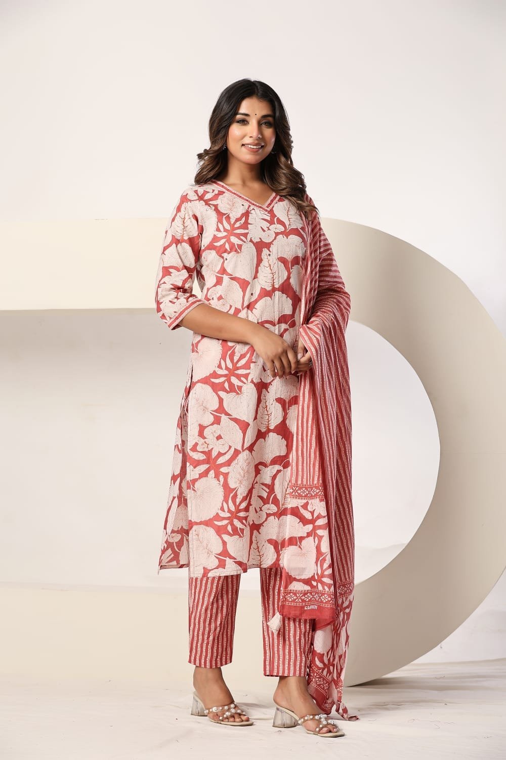 Green Floral Printed 3 Piece Kurta Set with Striped Pant & Dupatta view 11