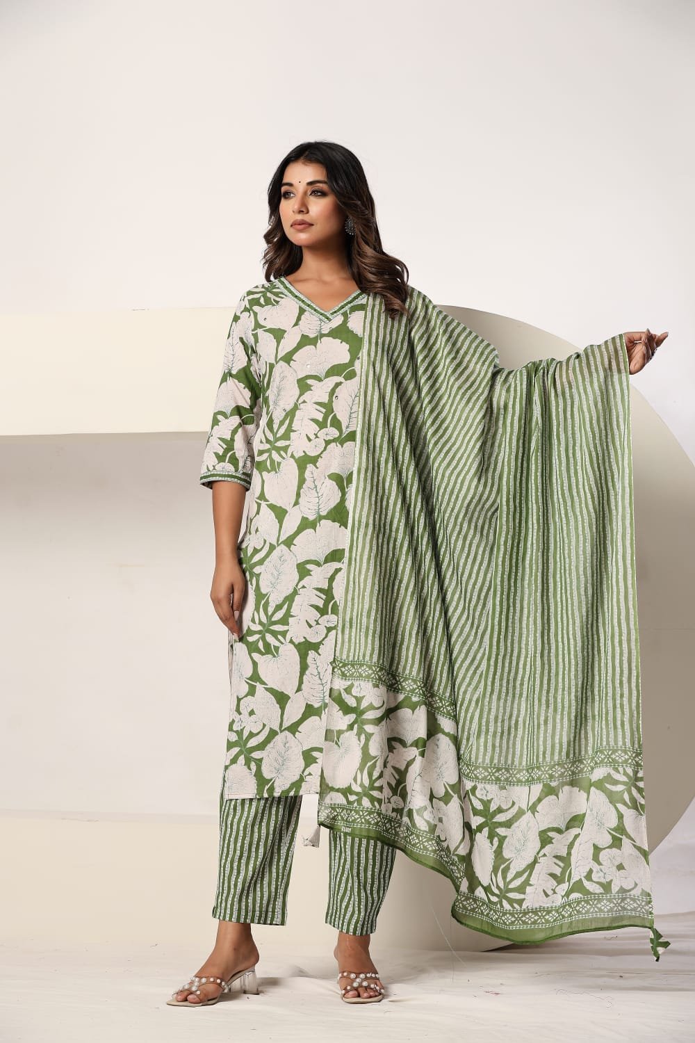 Green Floral Printed 3 Piece Kurta Set with Striped Pant & Dupatta view 12