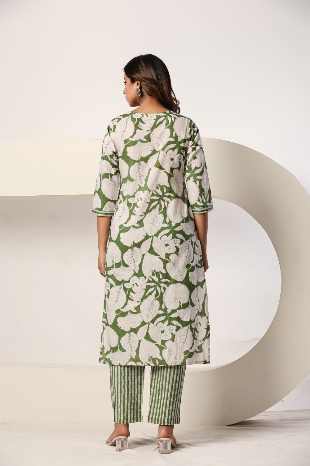 Green Floral Printed 3 Piece Kurta Set with Striped Pant & Dupatta view 3
