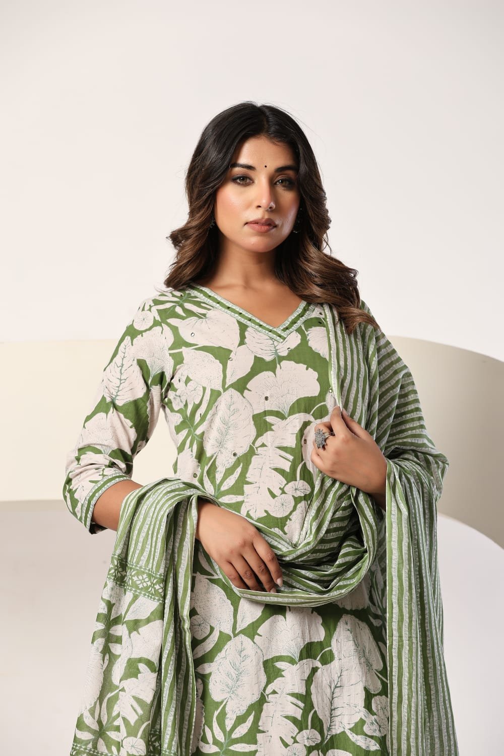 Green Floral Printed 3 Piece Kurta Set with Striped Pant & Dupatta view 6