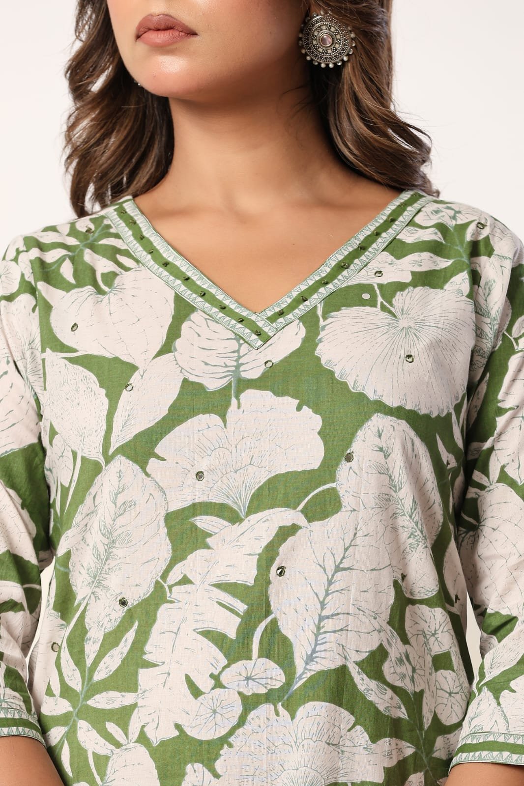 Green Floral Printed 3 Piece Kurta Set with Striped Pant & Dupatta view 7
