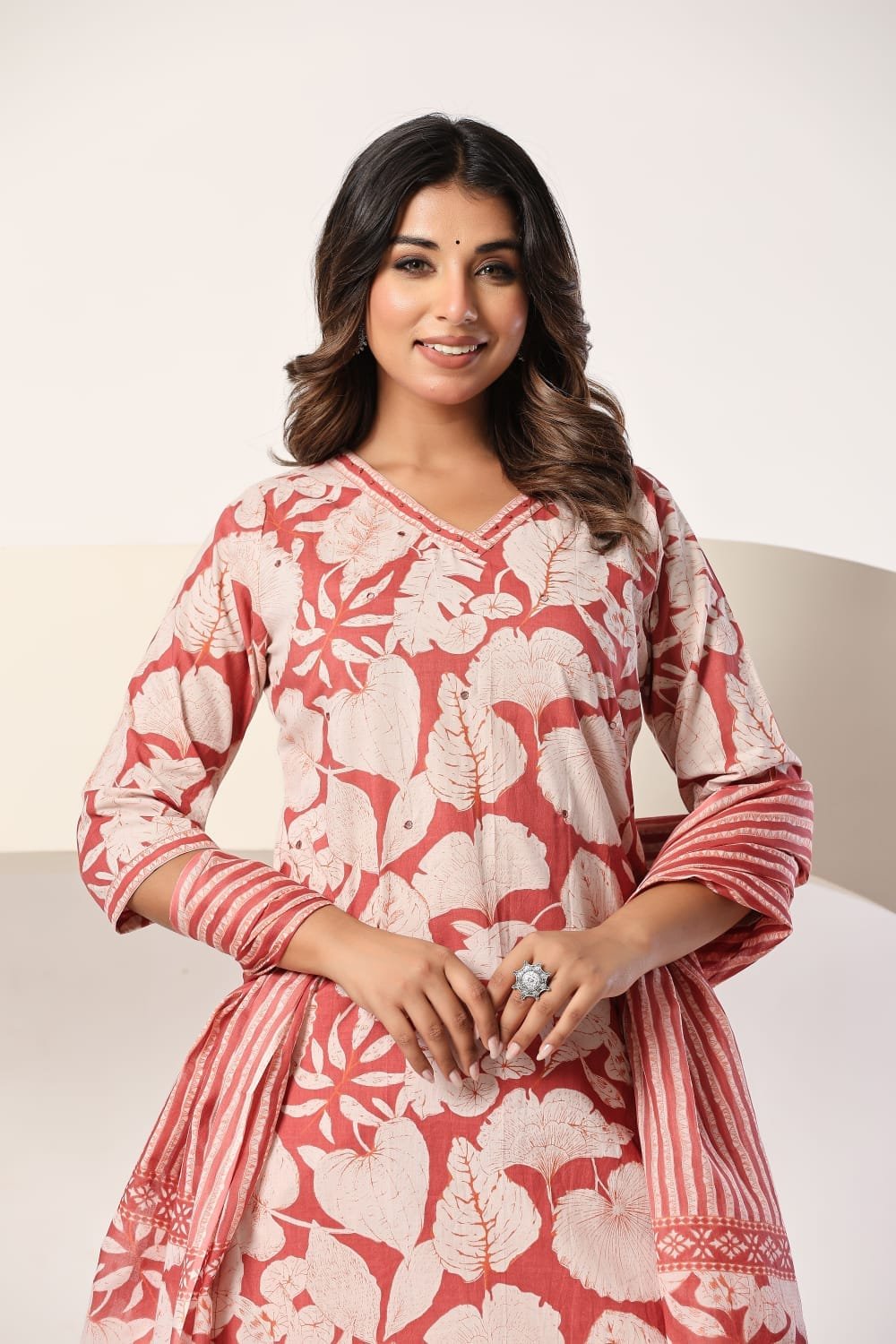 Green Floral Printed 3 Piece Kurta Set with Striped Pant & Dupatta view 9