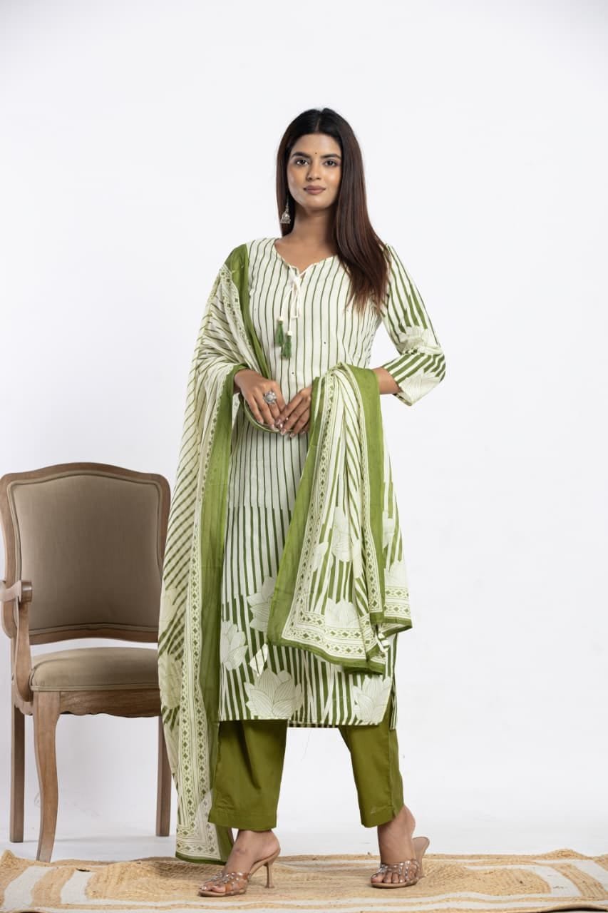 Kurti Shop Women's Pure Cotton Striped Straight Kurta with Trousers/Pants and Printed Dupatta Set view 2