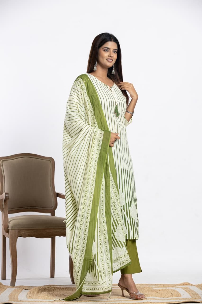 Kurti Shop Women's Pure Cotton Striped Straight Kurta with Trousers/Pants and Printed Dupatta Set view 4