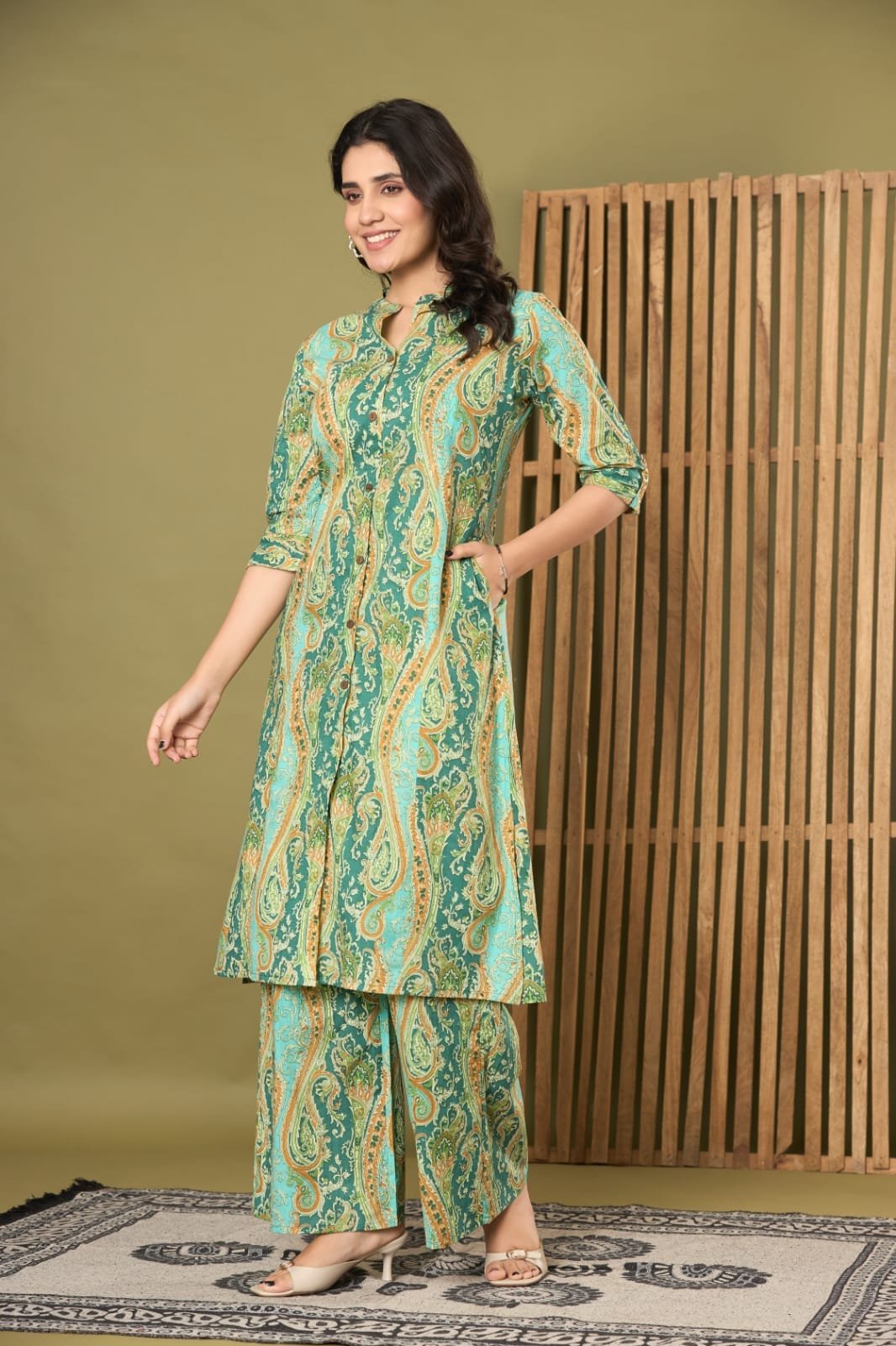 Paisley Printed Cotton Long Tunic Co-Ord Set with Side Pockets | The Kurti Shop