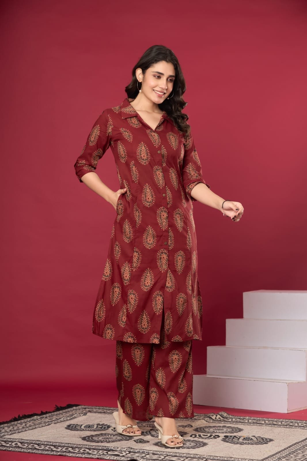 Paisley Printed Cotton Long Tunic & Trouser Co-Ord Set | The Kurti Shop