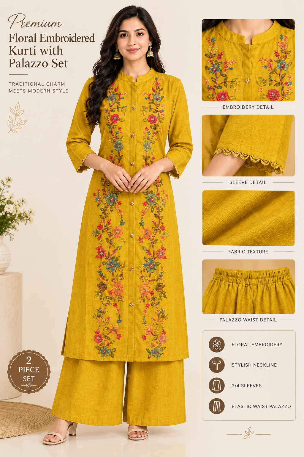 Premium Embroidered Kurti Set with Palazzo 2 view 2