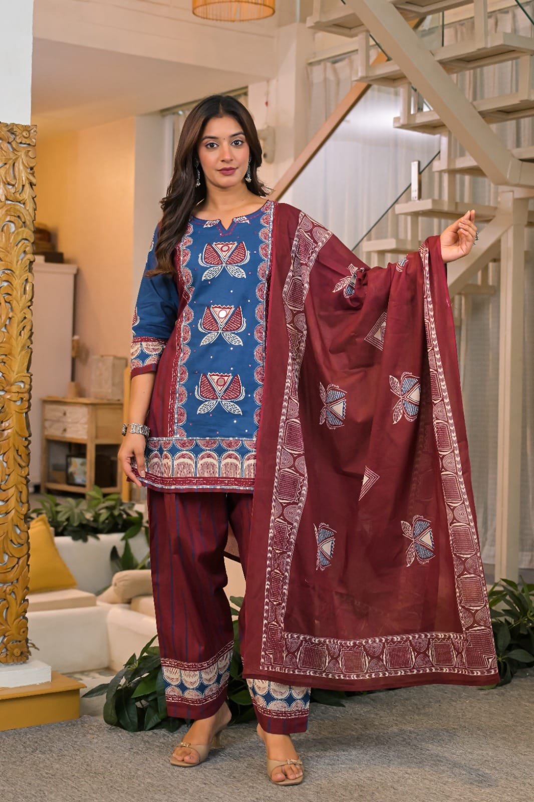 The Khurti Shop Printed Cotton Straight Kurti with Salwar Pants and Dupatta Set