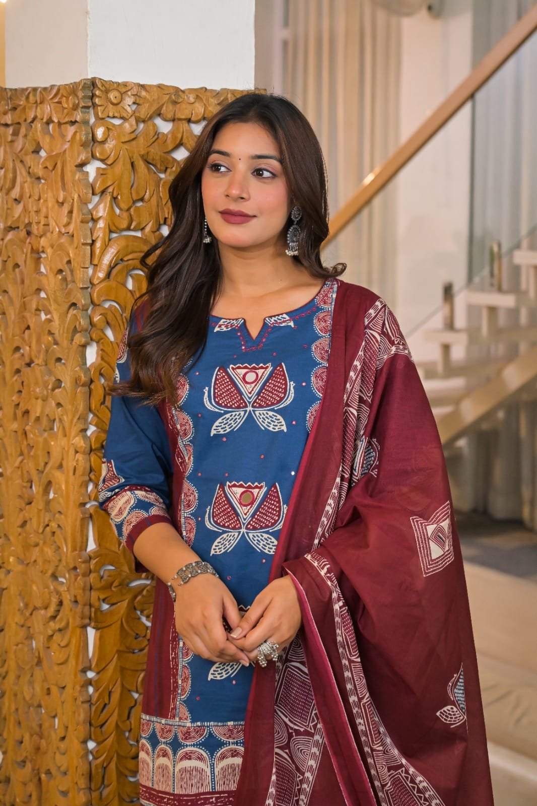 The Khurti Shop Printed Cotton Straight Kurti with Salwar Pants and Dupatta Set view 3