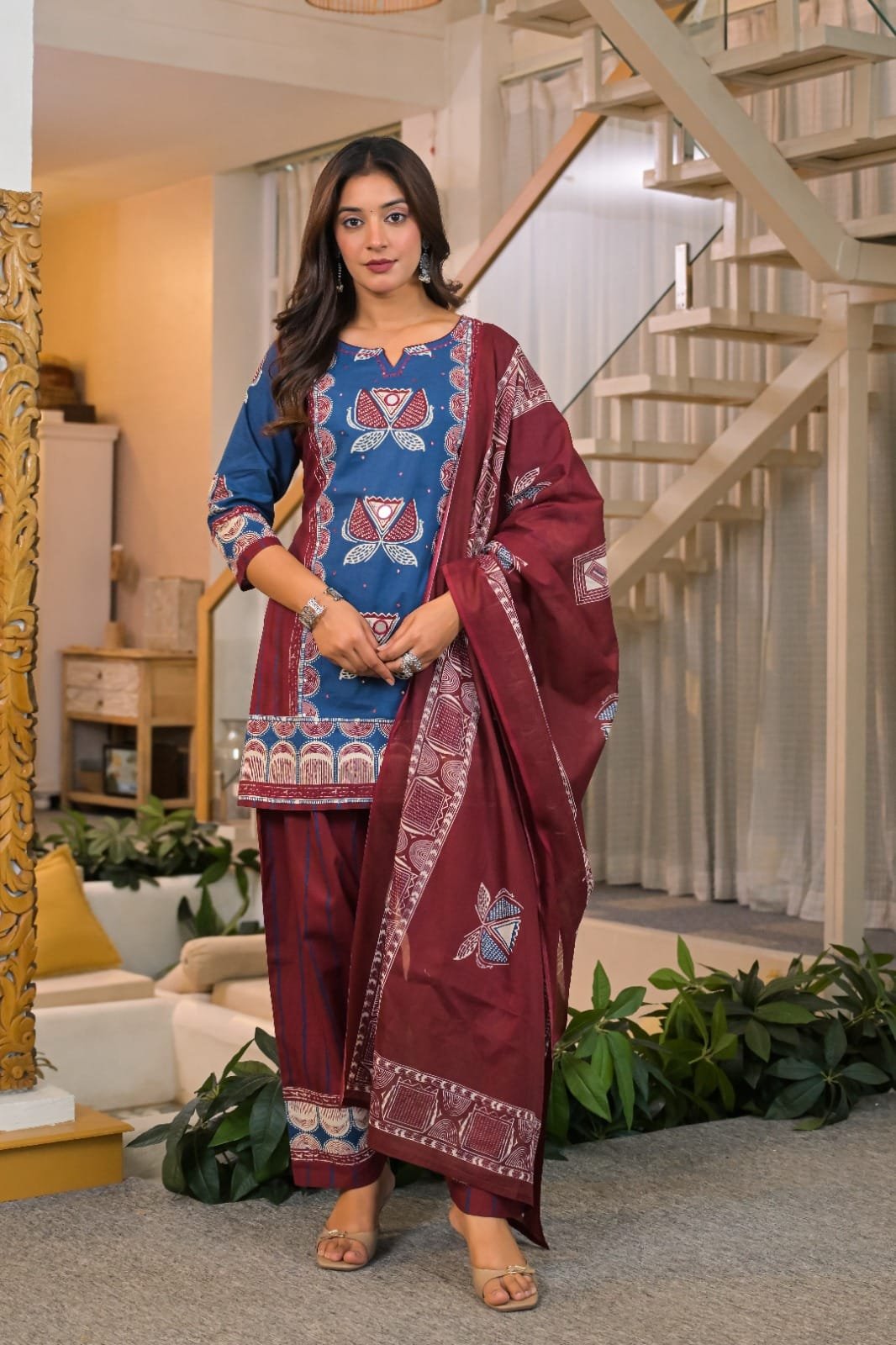 The Khurti Shop Printed Cotton Straight Kurti with Salwar Pants and Dupatta Set view 5