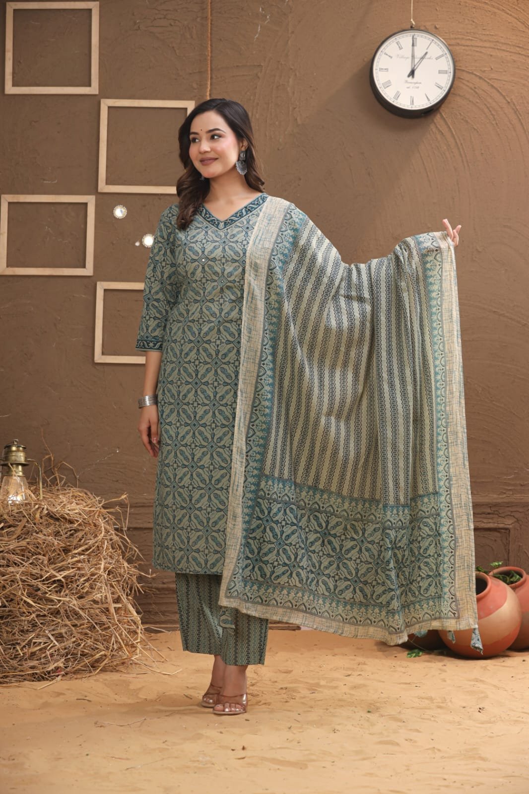 The Khurti Shop Printed Cotton Straight Kurti with Straight Pants and Printed Dupatta Set