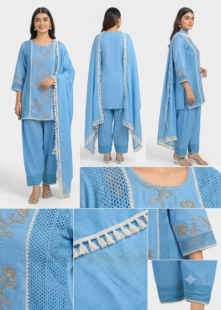The Khurtis Shop Women Embroidered Cotton Straight Kurta with Trousers & Dupatta 3-Piece view 4