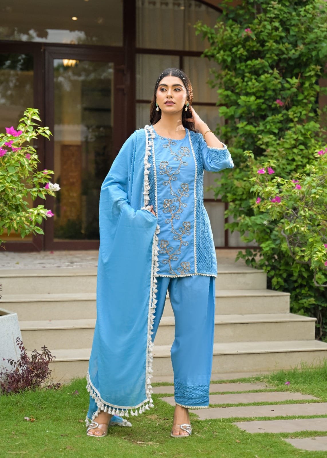 The Khurtis Shop Women Embroidered Cotton Straight Kurta with Trousers & Dupatta 3-Piece view 5