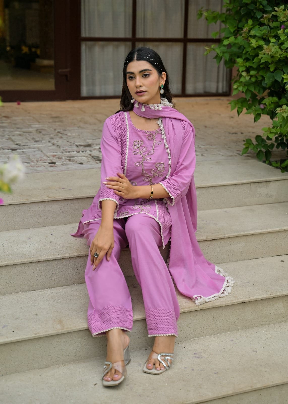 The Khurtis Shop Women Lavish Lavender Embroidered Cotton Kurta with Dupatta Set view 4