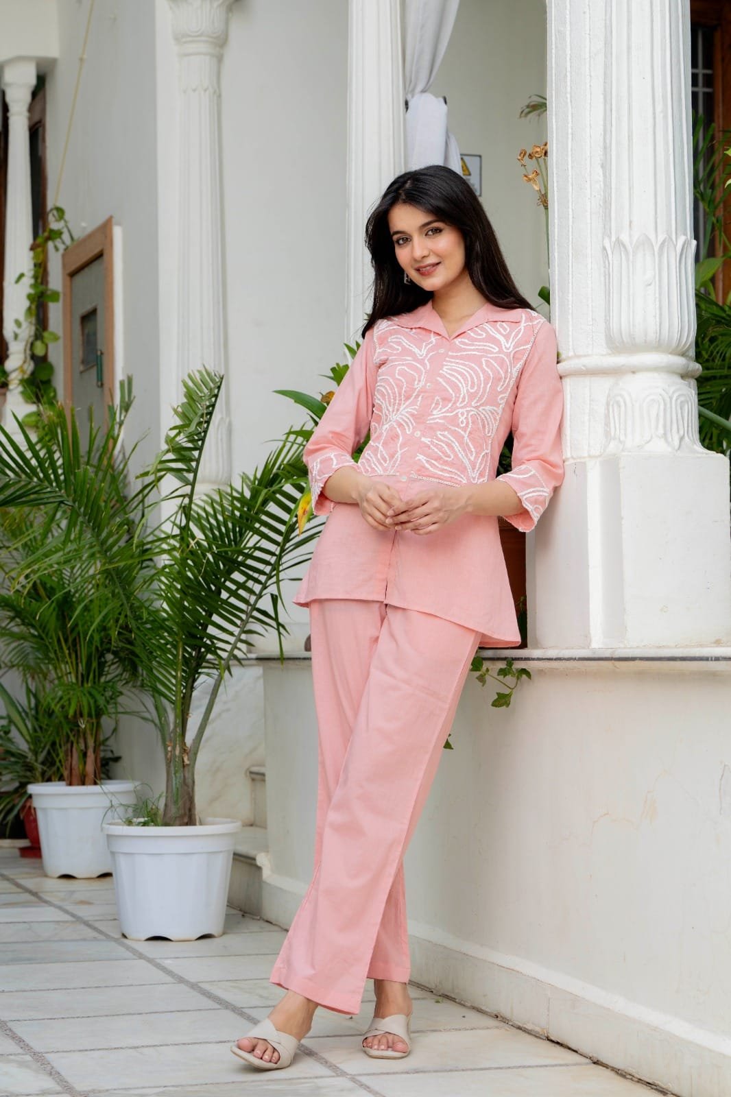 The Kurti Shop Women's Cotton Floral Embroidery Collar Neck Short Top with Straight Pant Co-Ord Set