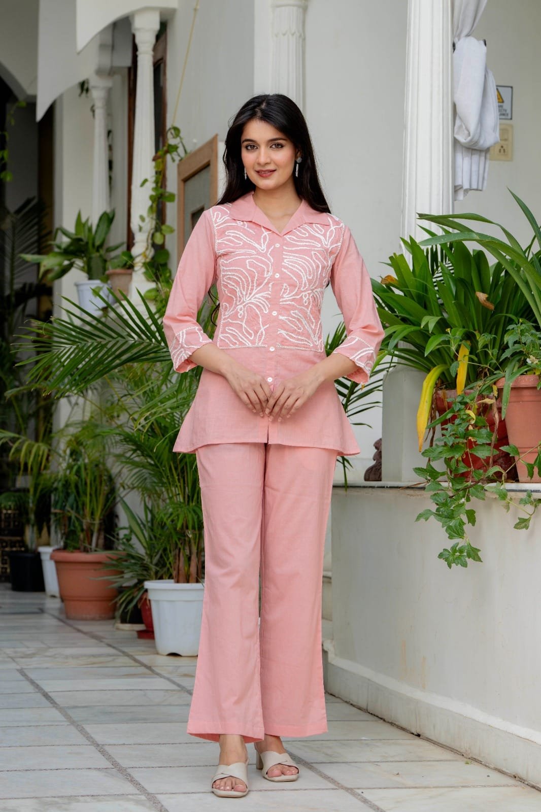 The Kurti Shop Women's Cotton Floral Embroidery Collar Neck Short Top with Straight Pant Co-Ord Set view 8