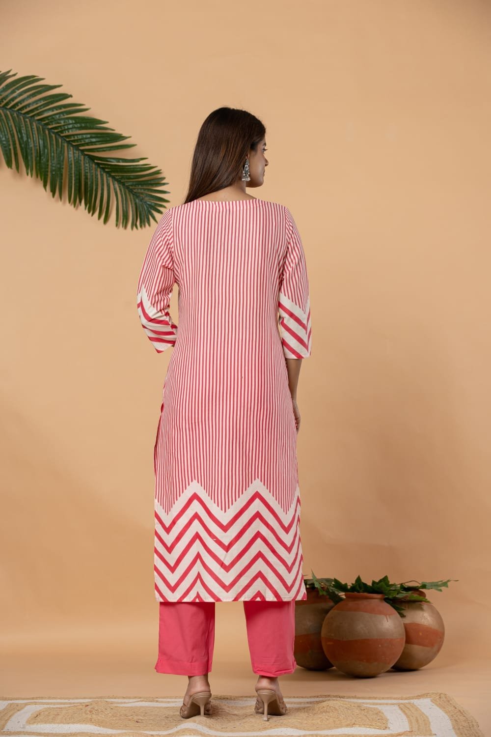 The Kurti Shop Women's Cotton Straight Line Kurti with Elasticated Pant & Dupatta Set for Office, Party & Festive Wear view 3
