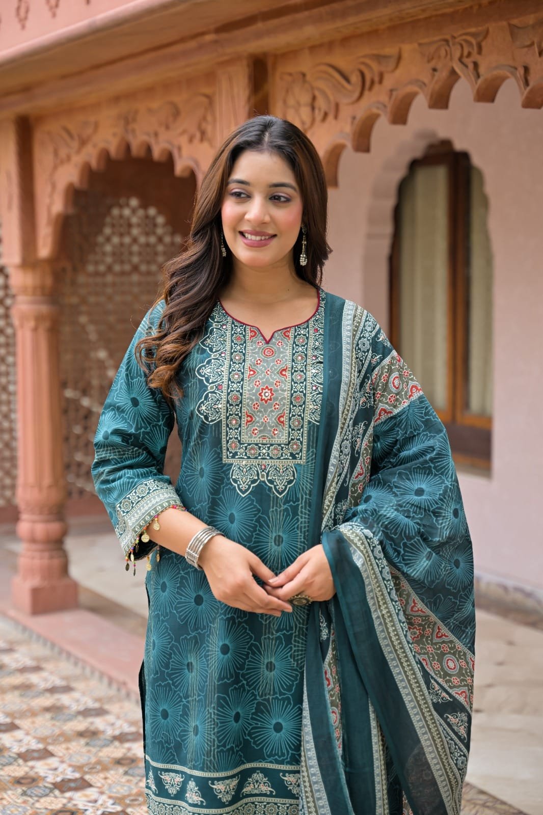 The Kurti Shop Women's Pure Cotton Traditional Printed Straight Kurti Pant with Matching Dupatta Set view 2