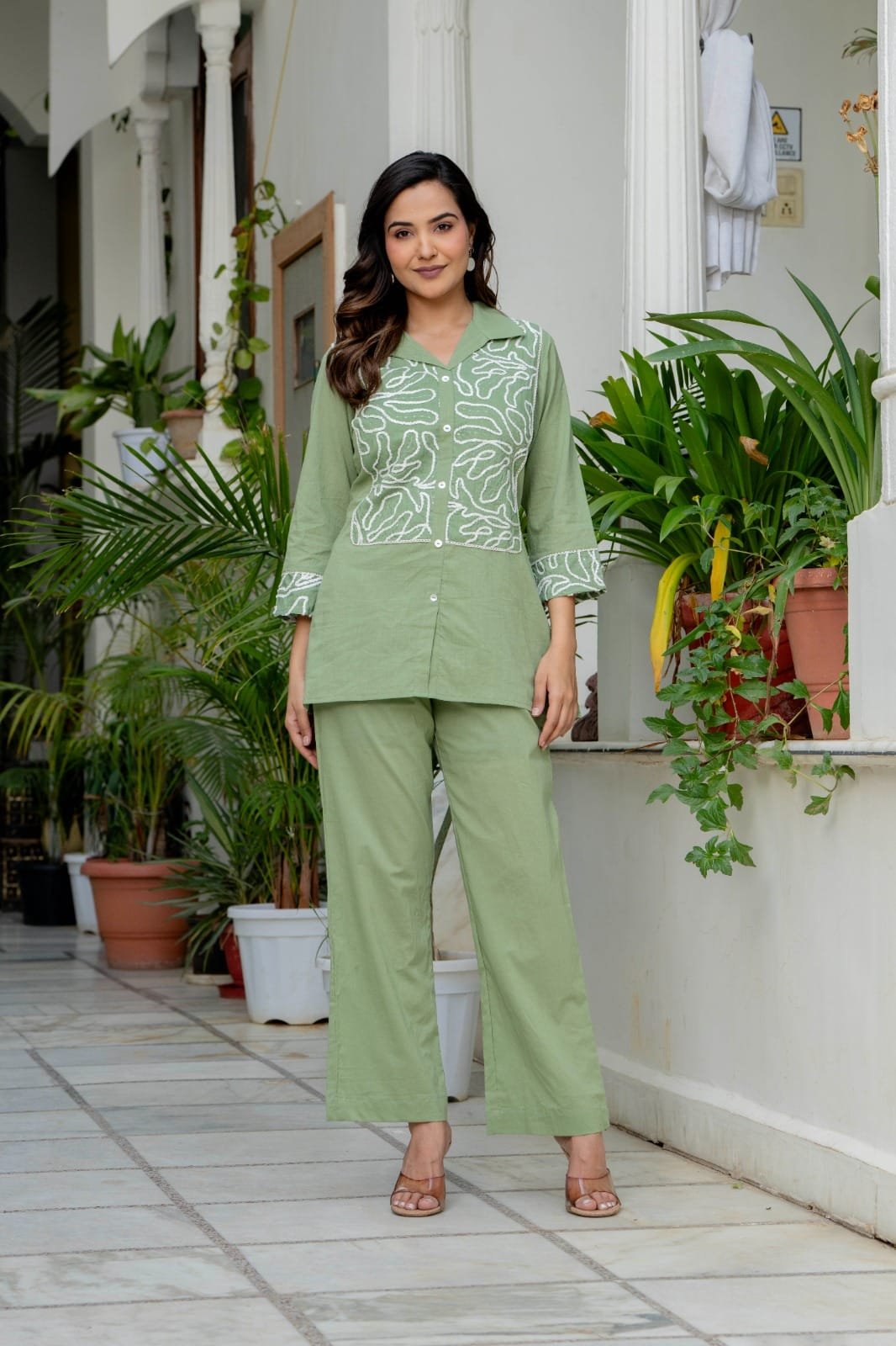 Women Cotton Blend Notch Collar Front Embroidered Tunic Top with Straight Trousers Co-Ord Set view 2