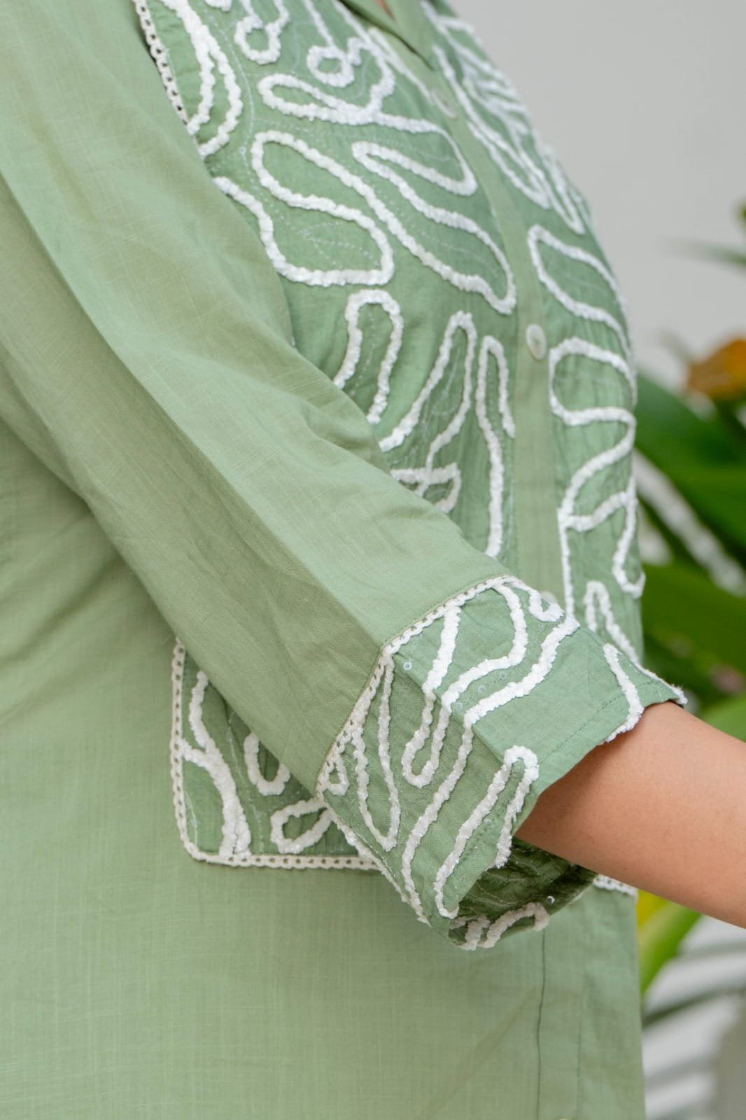 Women Cotton Blend Notch Collar Front Embroidered Tunic Top with Straight Trousers Co-Ord Set view 5