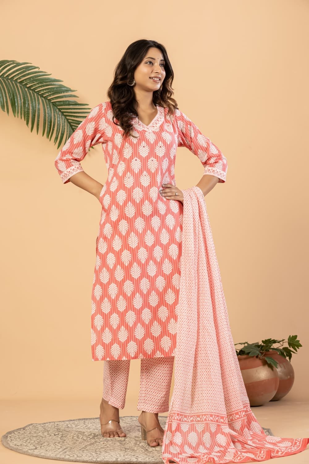 Women Pure Cotton Leaf Printed Straight Kurta Set with Pants and Dupatta | The Kurti Shop view 2