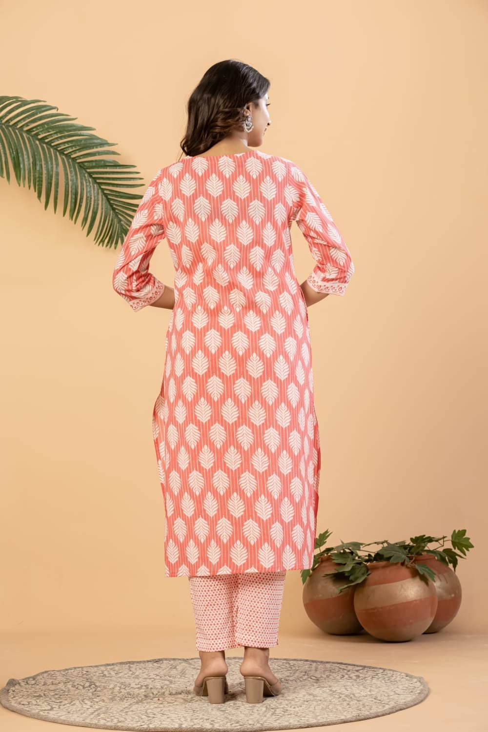 Women Pure Cotton Leaf Printed Straight Kurta Set with Pants and Dupatta | The Kurti Shop view 3