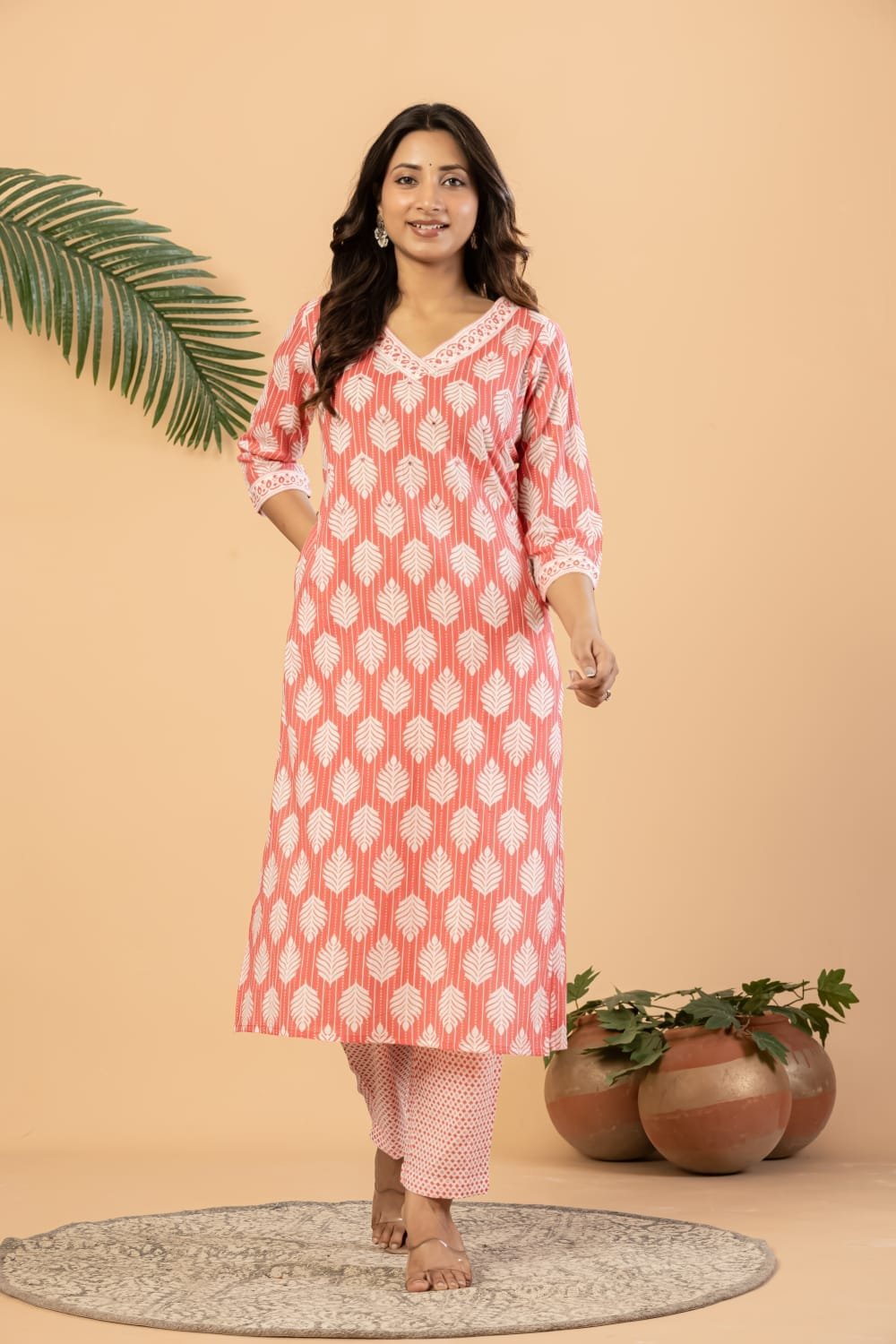 Women Pure Cotton Leaf Printed Straight Kurta Set with Pants and Dupatta | The Kurti Shop view 5