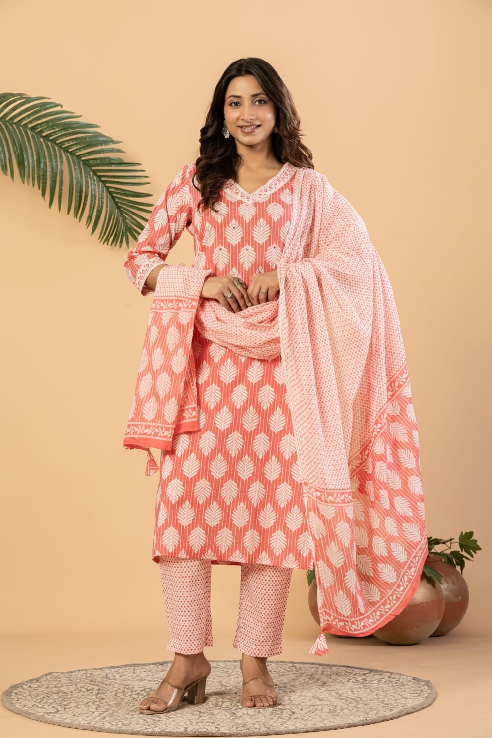 Women Pure Cotton Leaf Printed Straight Kurta Set with Pants and Dupatta | The Kurti Shop view 6