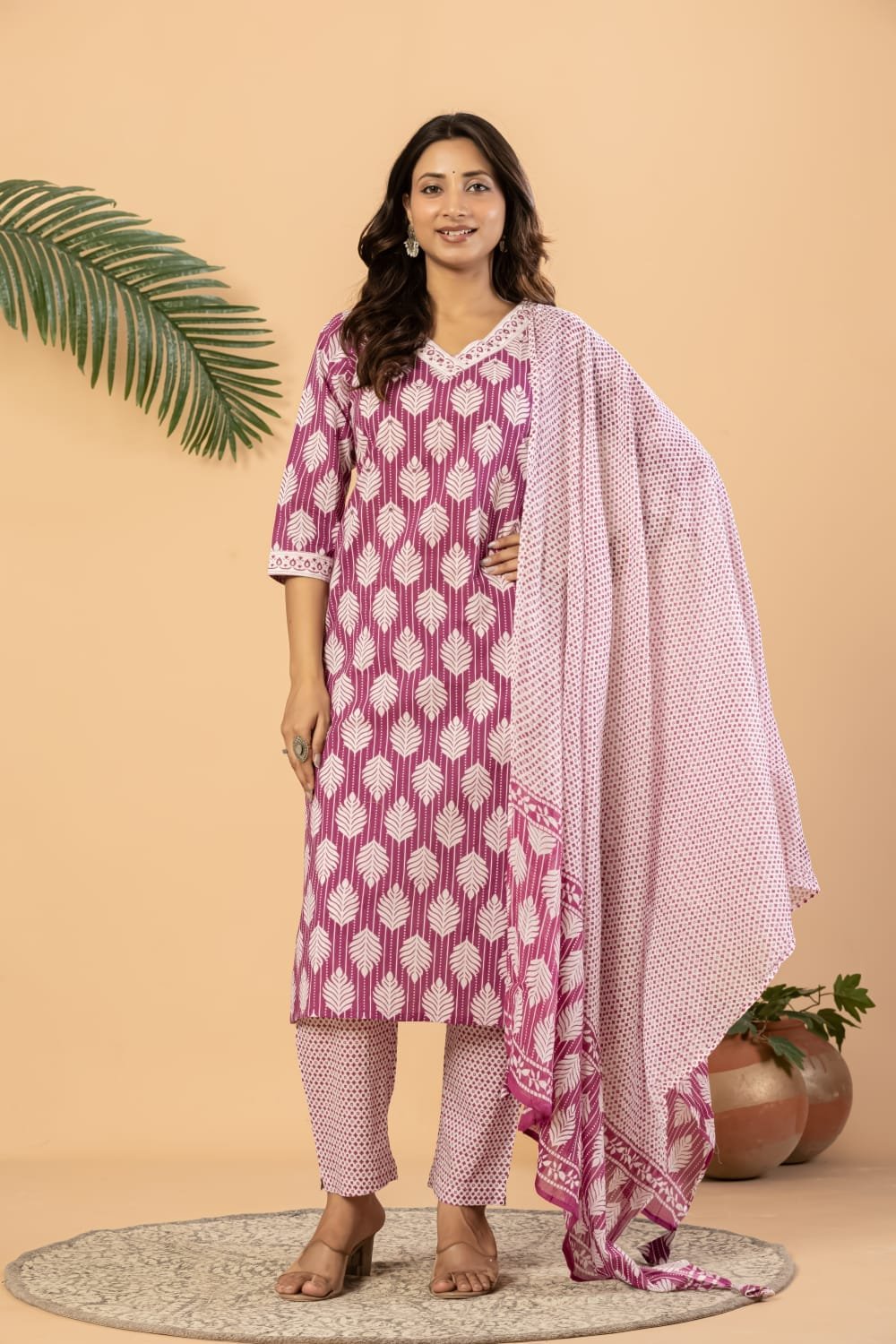 Women Pure Cotton Leaf Printed Straight Kurta Set with Pants | The Kurti Shop view 6