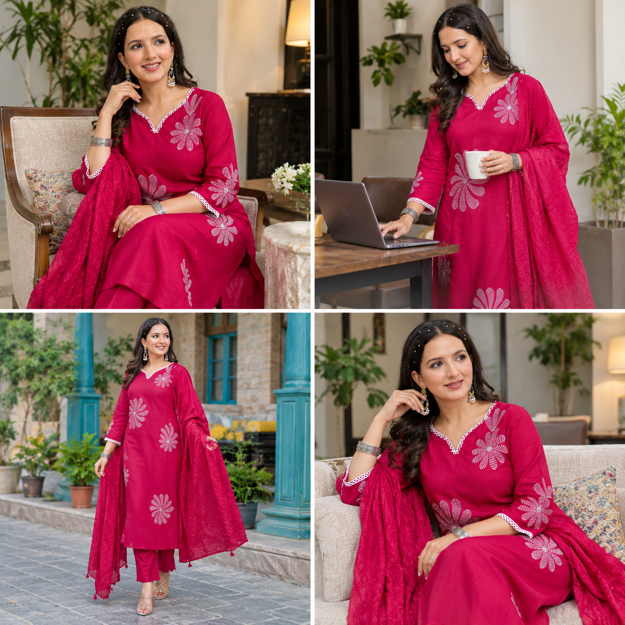 Women’s Orange Pink Floral Embroidered Kurta Pant Dupatta Set view 2
