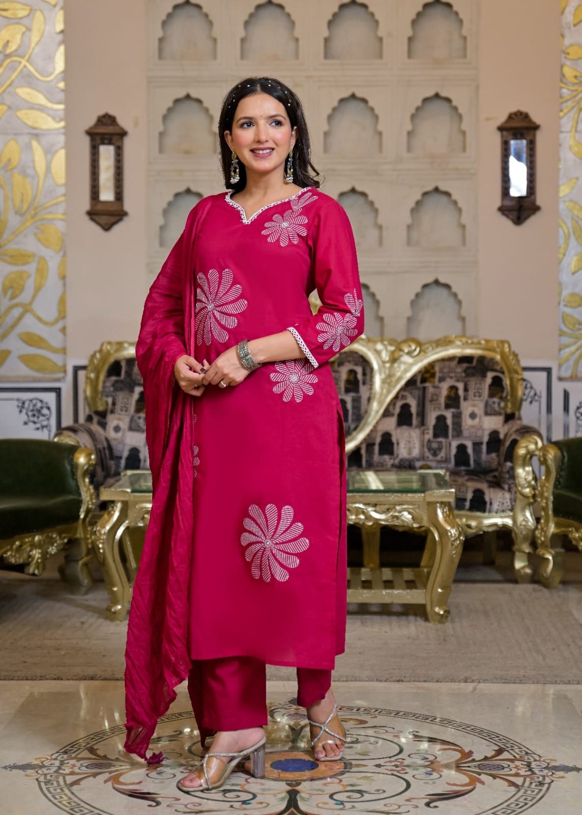 Women’s Orange Pink Floral Embroidered Kurta Pant Dupatta Set view 3
