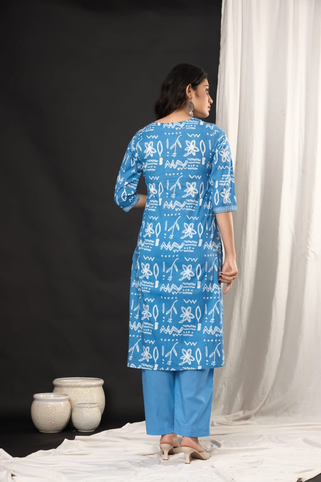 Women's Ethnic Floral Block Print Straight Kurti Set with Pants & Printed Dupatta | Stylish Traditional 3-Piece Festive Suit by The Kurti Shop view 3