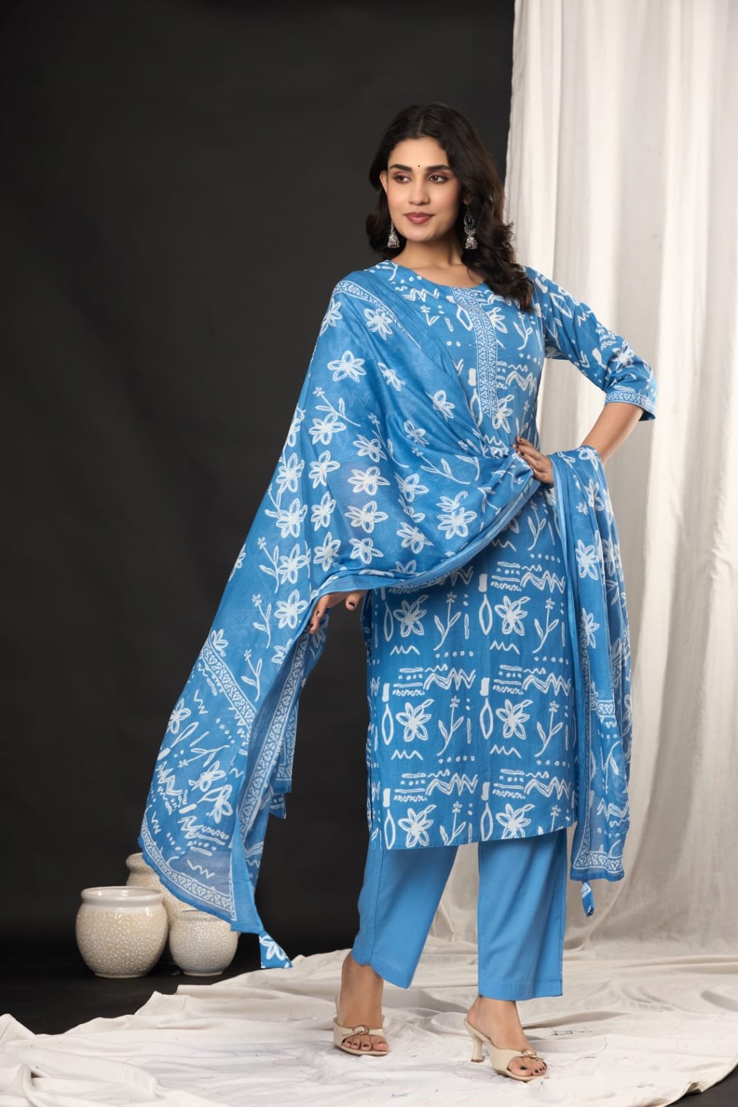 Women's Ethnic Floral Block Print Straight Kurti Set with Pants & Printed Dupatta | Stylish Traditional 3-Piece Festive Suit by The Kurti Shop view 6