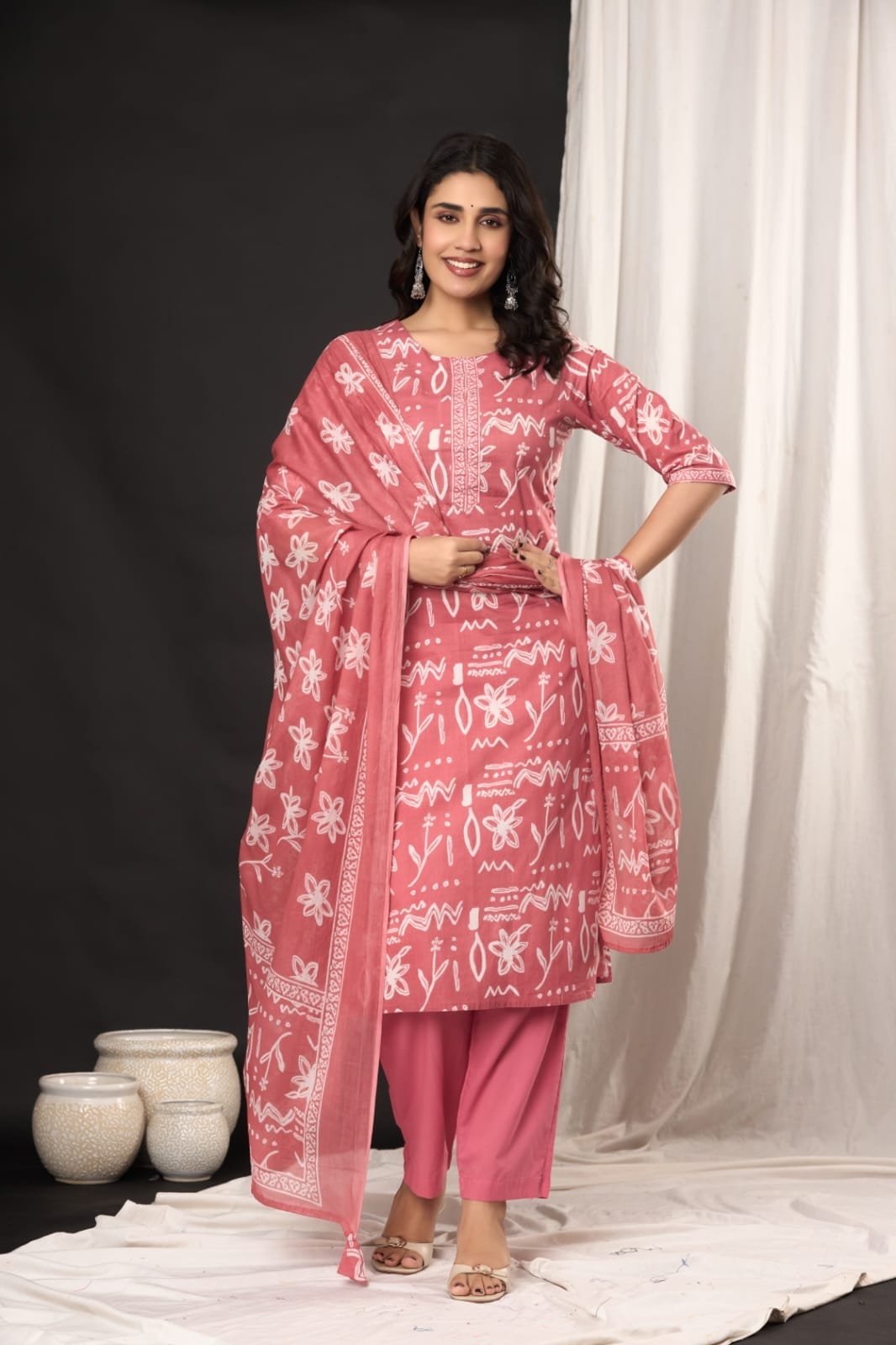 Women's Ethnic Floral Print Straight Kurti Set with Tailored Pants & Printed Dupatta | Traditional 3-Piece Suit Set by The Kurti Shop view 2