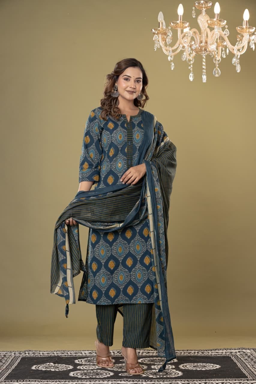 Women's Ethnic Geometric Block Print Straight Kurti Set with Striped Trousers & Printed Dupatta | Traditional 3-Piece Suit by The Kurti Shop