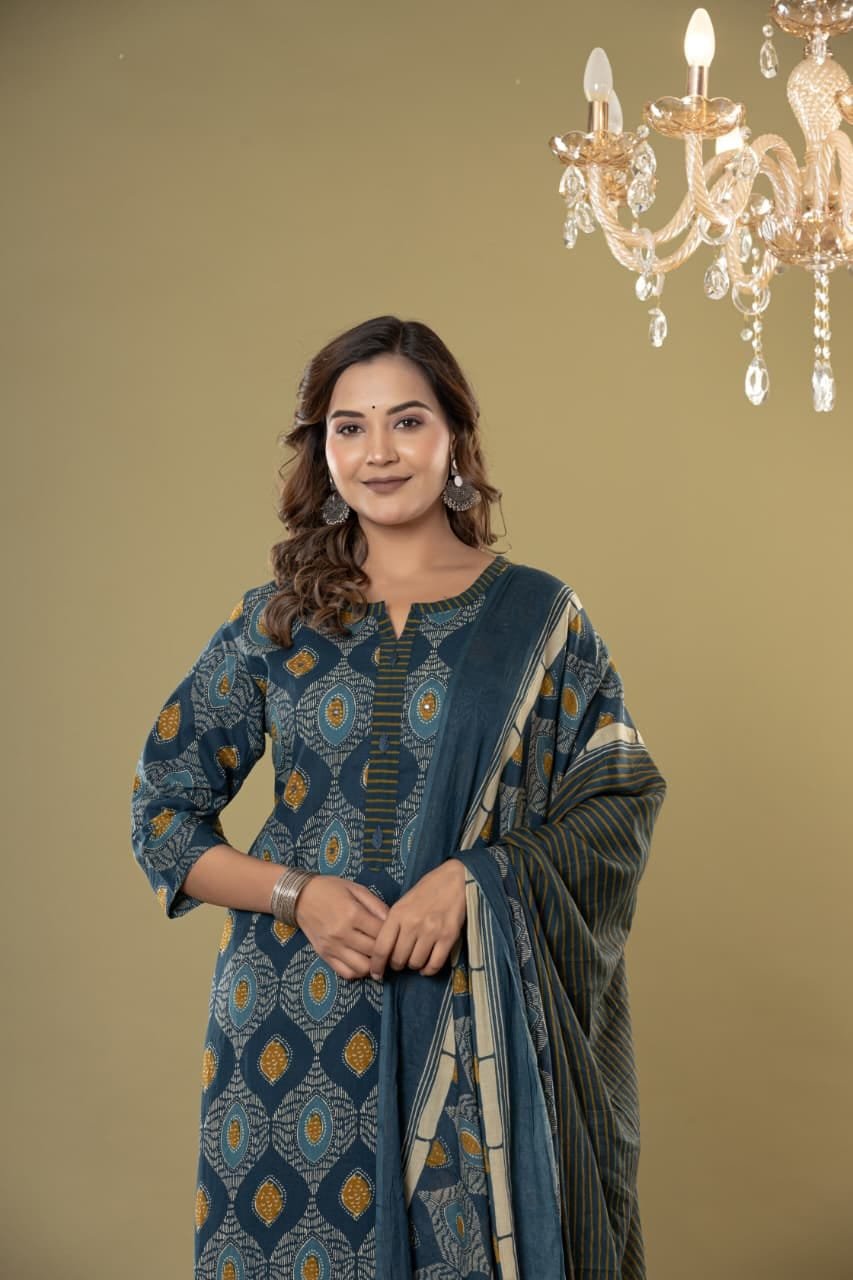 Women's Ethnic Geometric Block Print Straight Kurti Set with Striped Trousers & Printed Dupatta | Traditional 3-Piece Suit by The Kurti Shop view 4