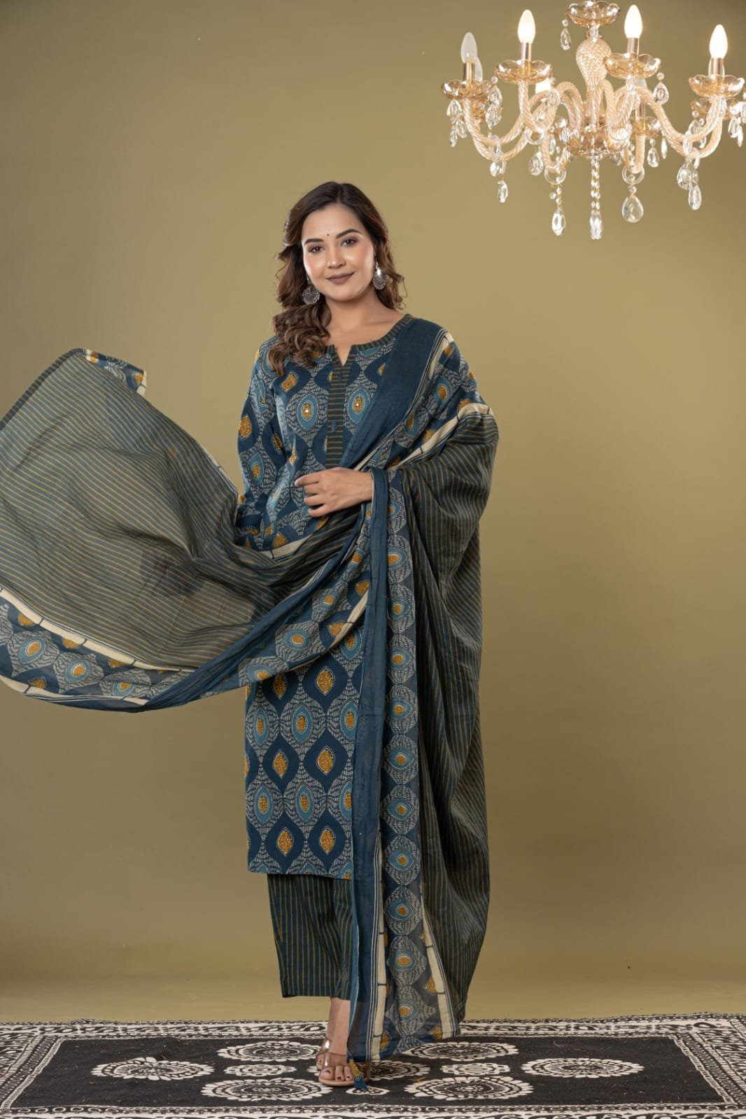 Women's Ethnic Geometric Block Print Straight Kurti Set with Striped Trousers & Printed Dupatta | Traditional 3-Piece Suit by The Kurti Shop view 5