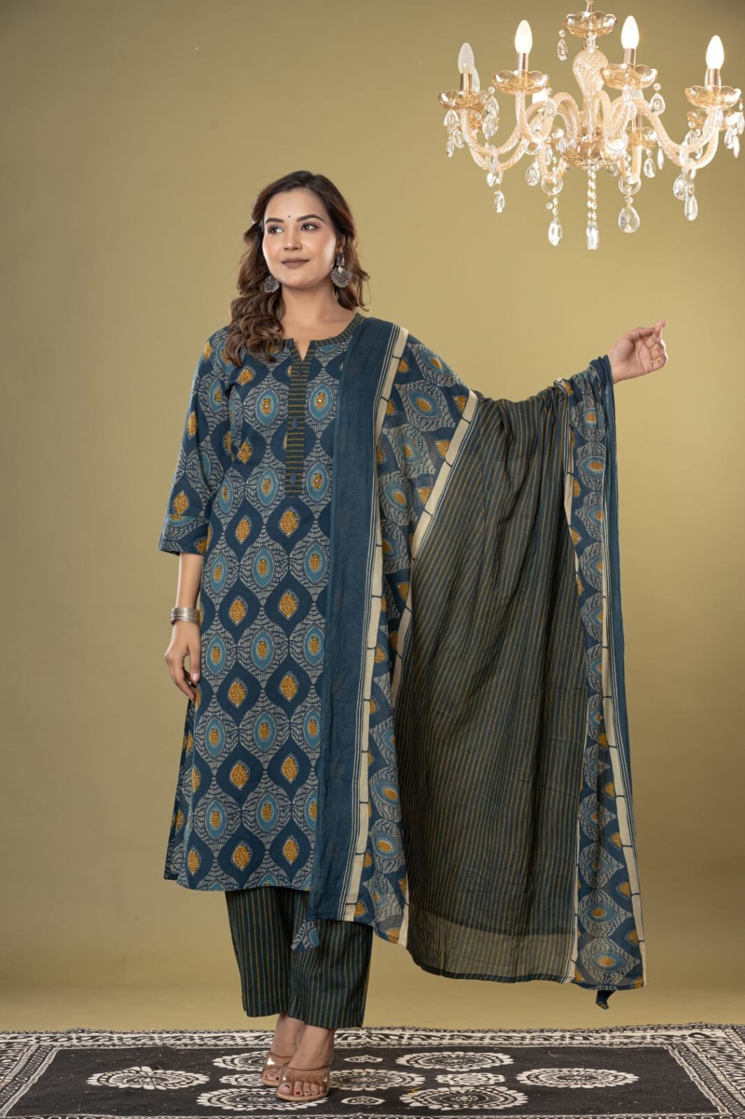 Women's Ethnic Geometric Block Print Straight Kurti Set with Striped Trousers & Printed Dupatta | Traditional 3-Piece Suit by The Kurti Shop view 6