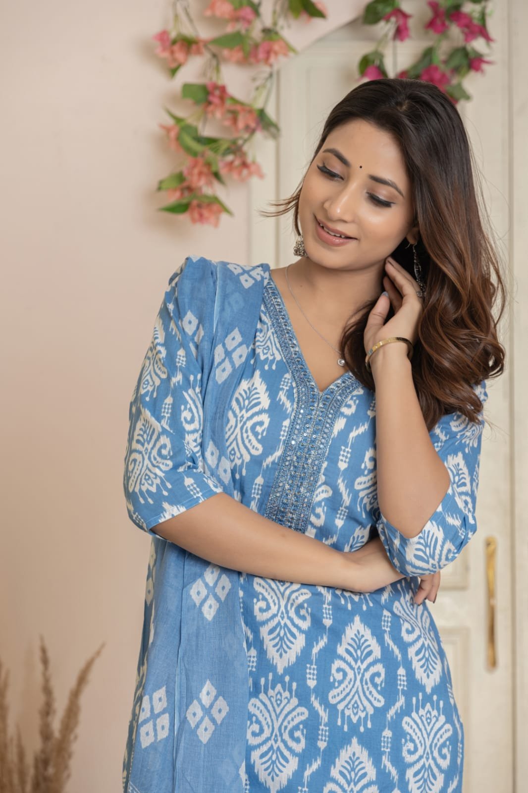 Women's Ethnic Printed Straight Kurti with Trousers & Dupatta Set | Traditional Festive & Casual Suit Set by The Kurti Shop view 5