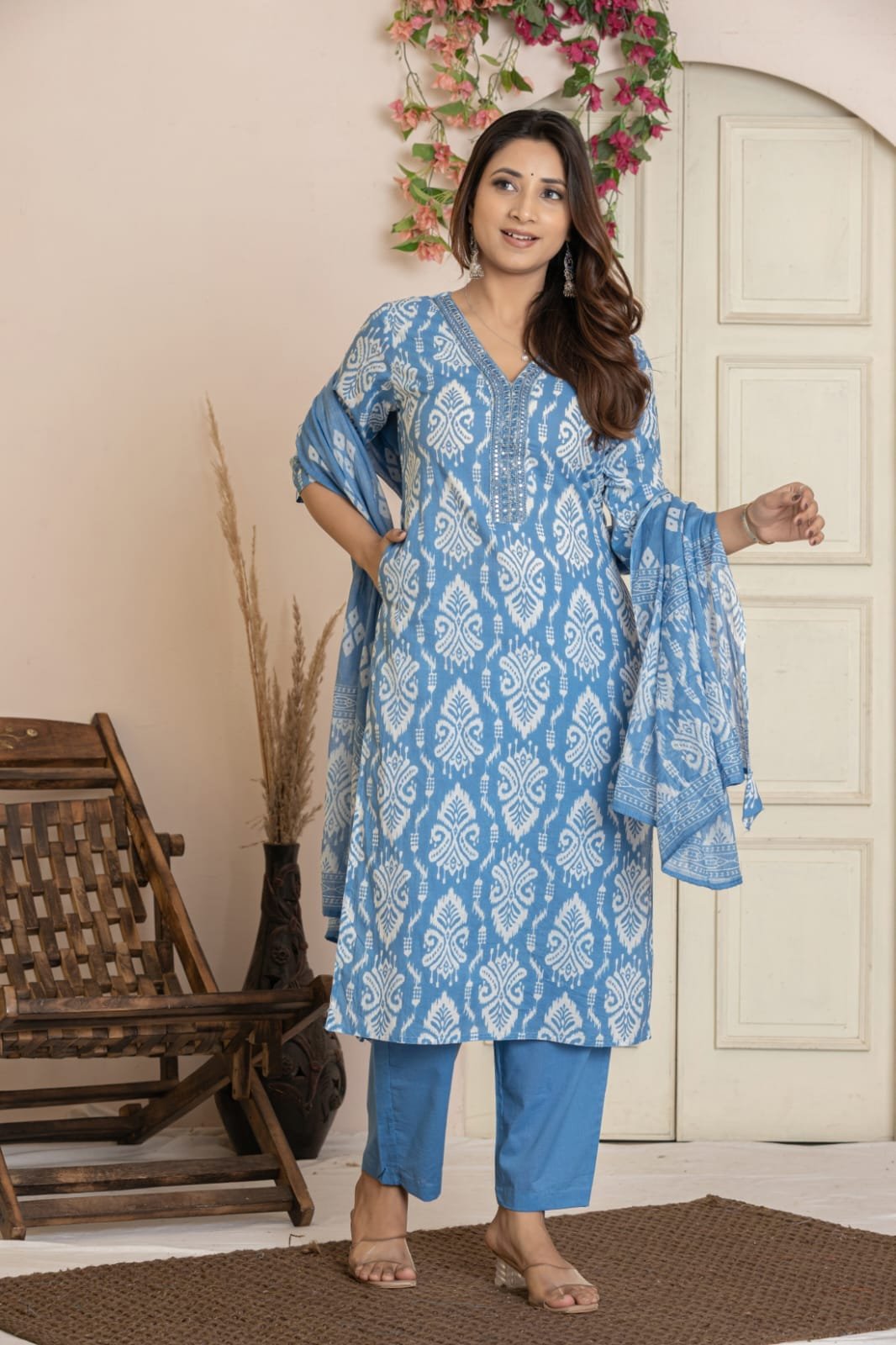 Women's Ethnic Printed Straight Kurti with Trousers & Dupatta Set | Traditional Festive & Casual Suit Set by The Kurti Shop view 6
