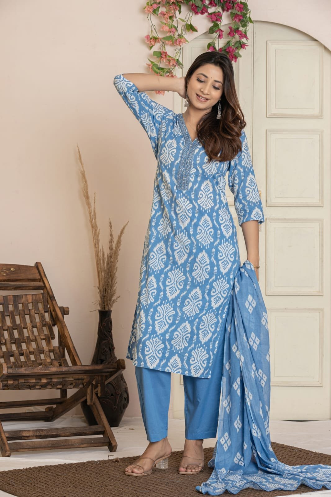 Women's Ethnic Printed Straight Kurti with Trousers & Dupatta Set | Traditional Festive & Casual Suit Set by The Kurti Shop view 7