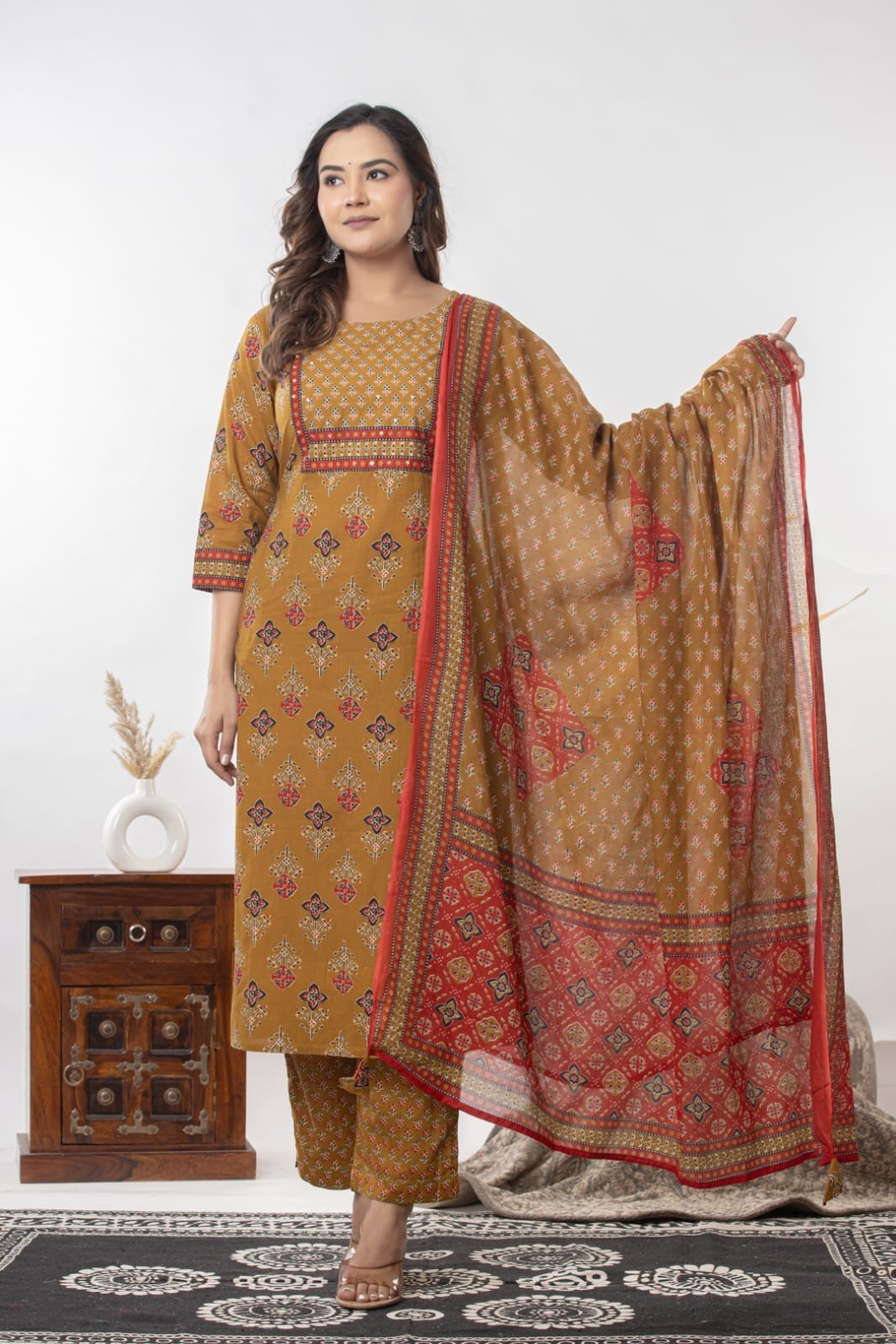 Women's Ethnic Printed Straight Kurti with Trousers & Dupatta Set | Traditional Festive & Casual Suit Set by The Kurti Shop view 6