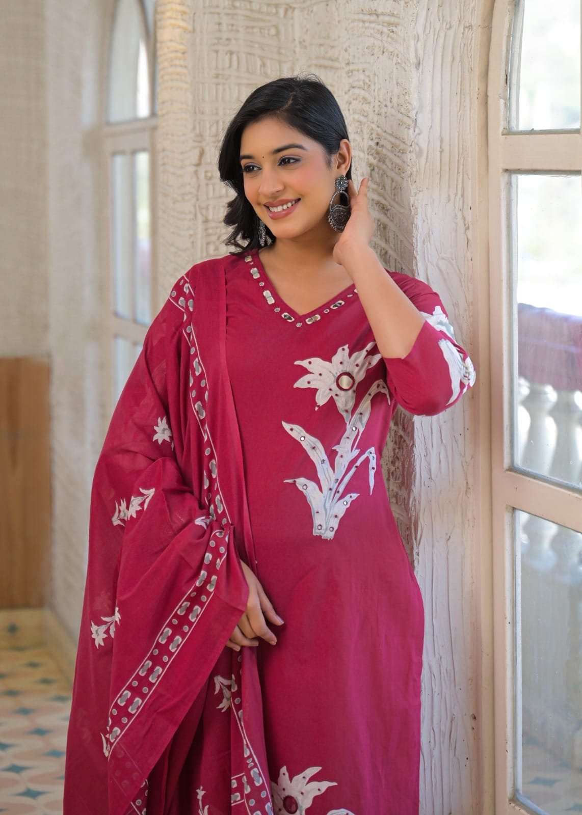 Women's Pure Cotton Floral Printed Straight Kurti with Pant and Dupatta Set | 3-Piece Ethnic Suit view 3
