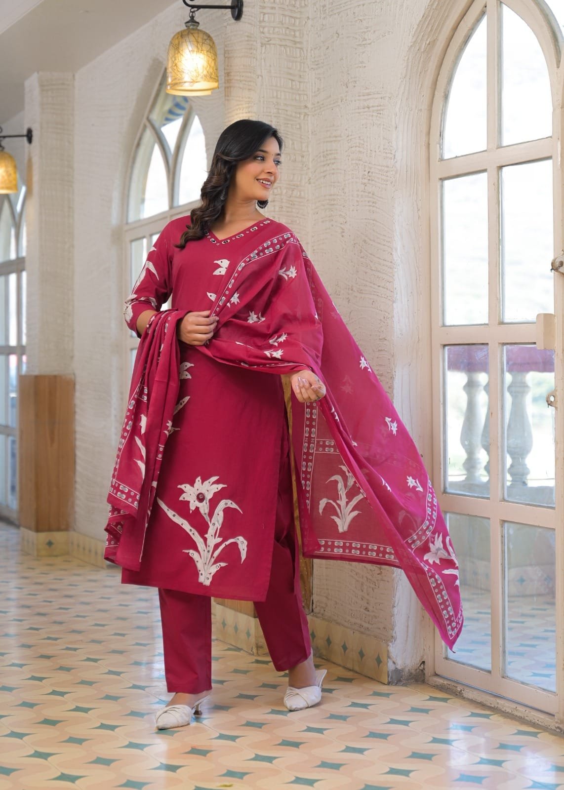 Women's Pure Cotton Floral Printed Straight Kurti with Pant and Dupatta Set | 3-Piece Ethnic Suit view 4
