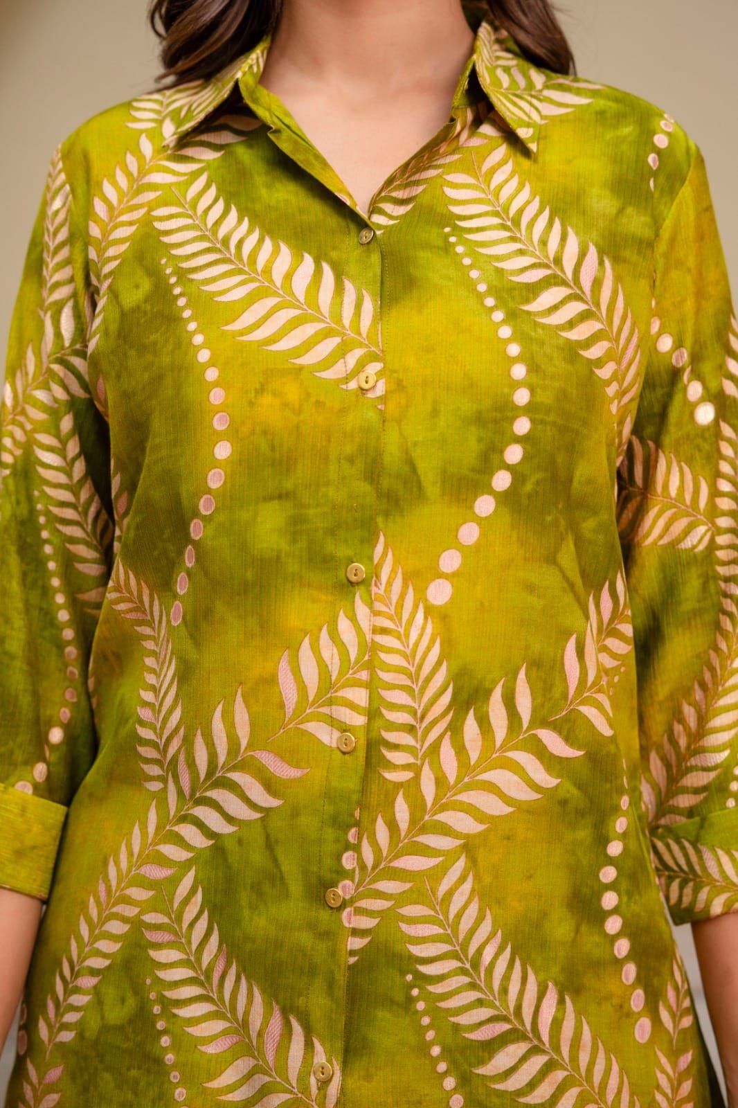 Women's Pure Cotton Leaf Printed Shirt Collar Kurti with Matching Trouser Pant Co-Ord Set view 4